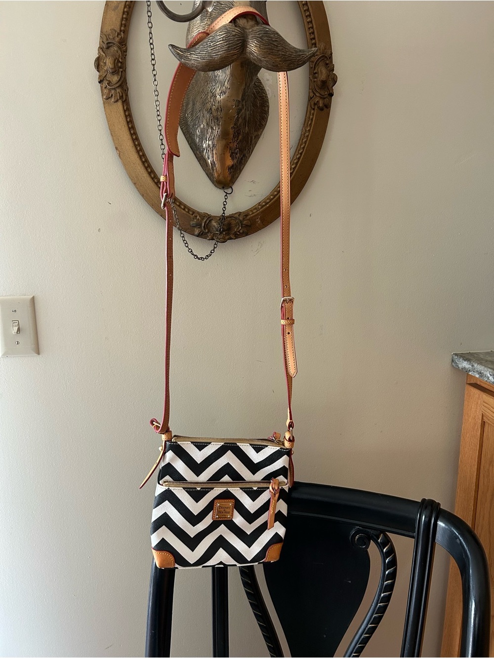 Dooney & Bourke Black and White Chevron Crossbody with Tan Trim